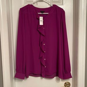 Ann Taylor NWT Plum Ruffle Button Blouse, Size L